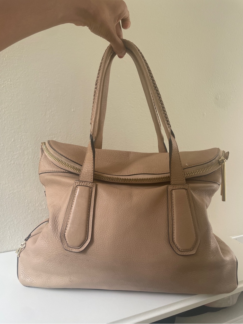 Henri Bendel Pebbled Blush Leather Shoulder Tote with Gold Zipper